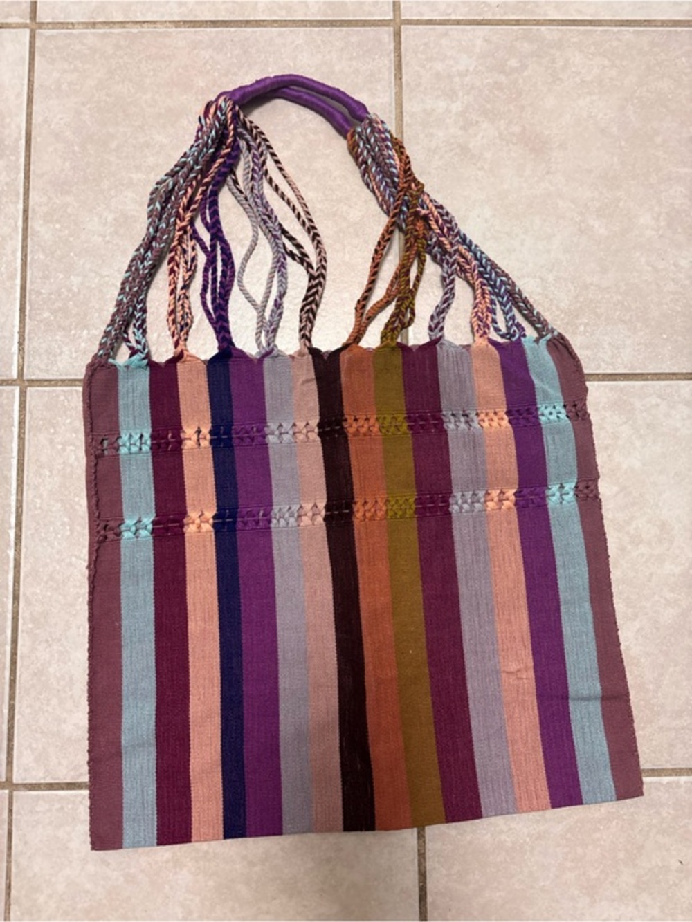 Striped Multicolor Woven Tote Bag with Braided Handles